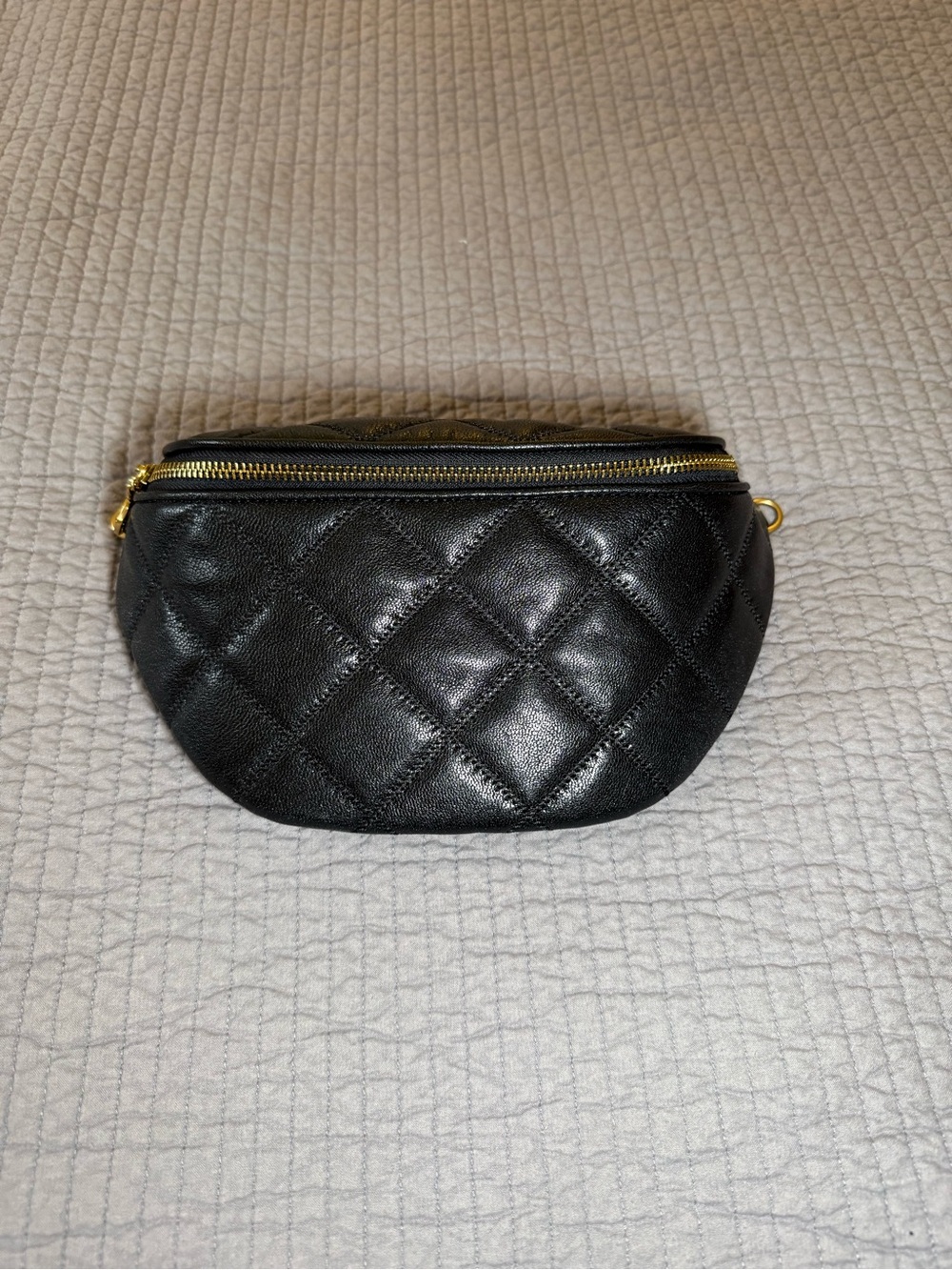 Tory Burch Black Quilted Leather Crossbody Belt Bag with Gold Zip